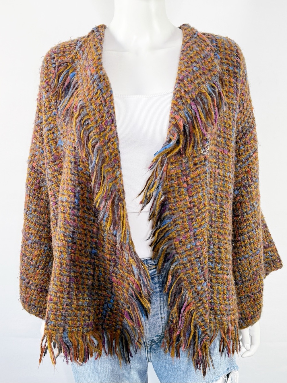 Vintage Gil Aimbez For Static Multicolor Brown Fringe Cardigan Sweater Size S